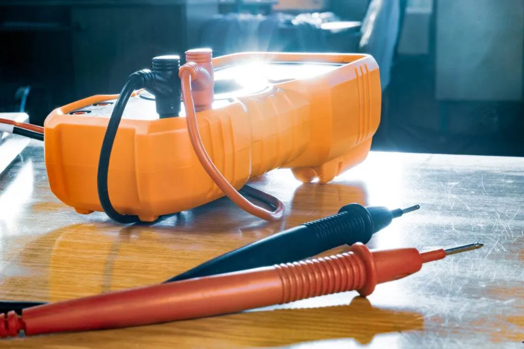 a yellow electrical device with wires and a red and black probe