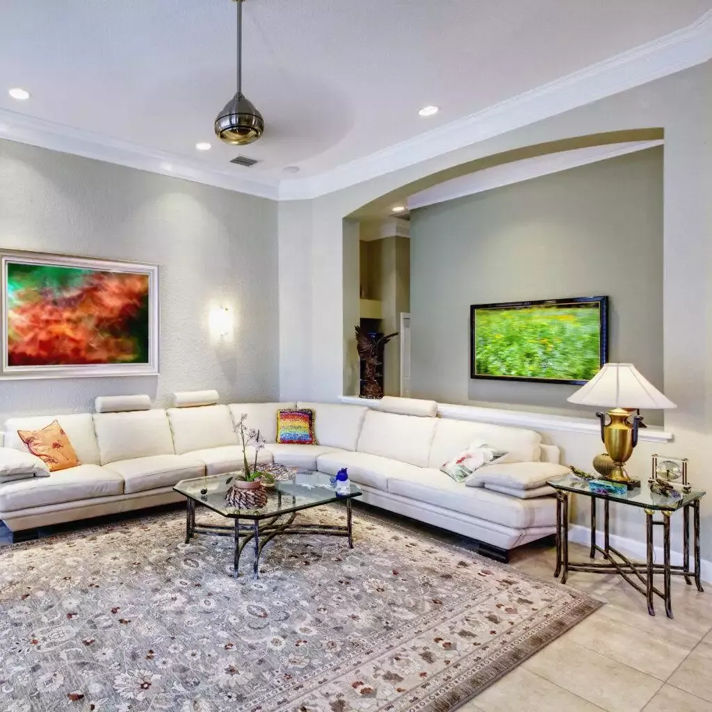 a living room with a couch and a rug